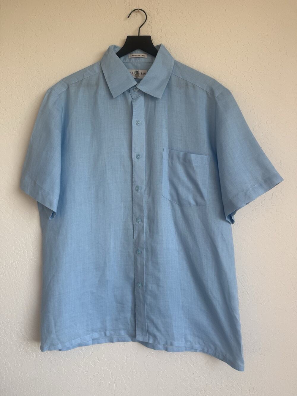 Kahuna Bay 100% Linen Shirt Mens Large Blue Short Sleeve Button Up Beach Resort